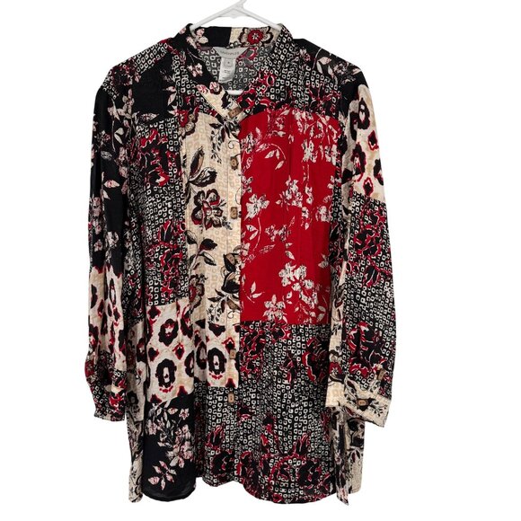 Multiples Womens Patchwork Button-Up Blouse tunic size 1X plus Floral Red Black - Picture 2 of 12